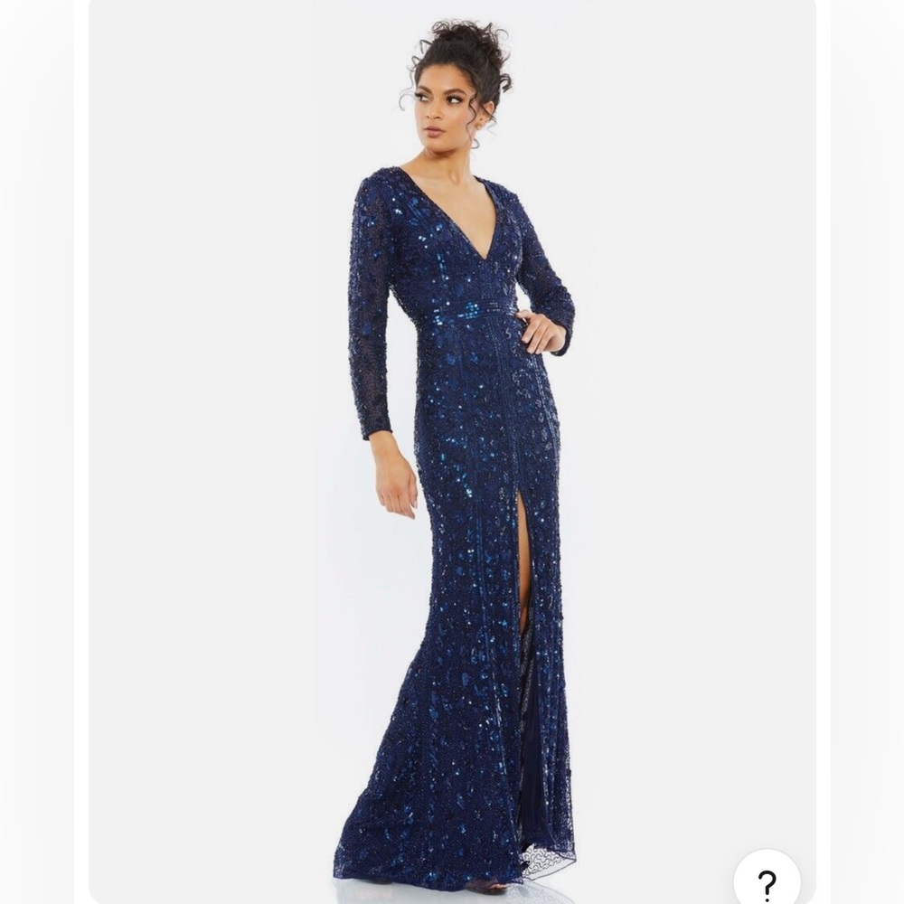 Mac Duggal  5002# Size 12 Embellished Front Slit Long-Sleeve Midnight Blue Gown